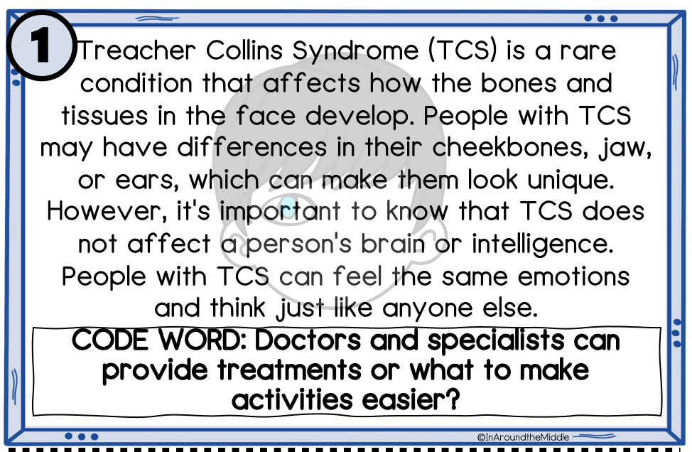 Image from a blog post on differentiating your novel study even with split year levels by In Around the Middle @ aroundthemiddle.com
Text provides background information on Treacher Collins Syndrome in reference to the novel Wonder by R.J. Palacio.